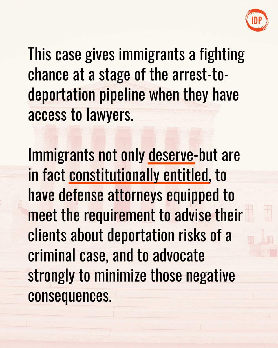 Today's the 15th anniversary of the SCOTUS case Padilla v. Kentucky! This decision affirmed that immigrants' Sixth Amendment rights to assistance of counsel for defense includes immigration advice, giving immigrants a fighting chance within the arrest-to-deportation pipeline.
