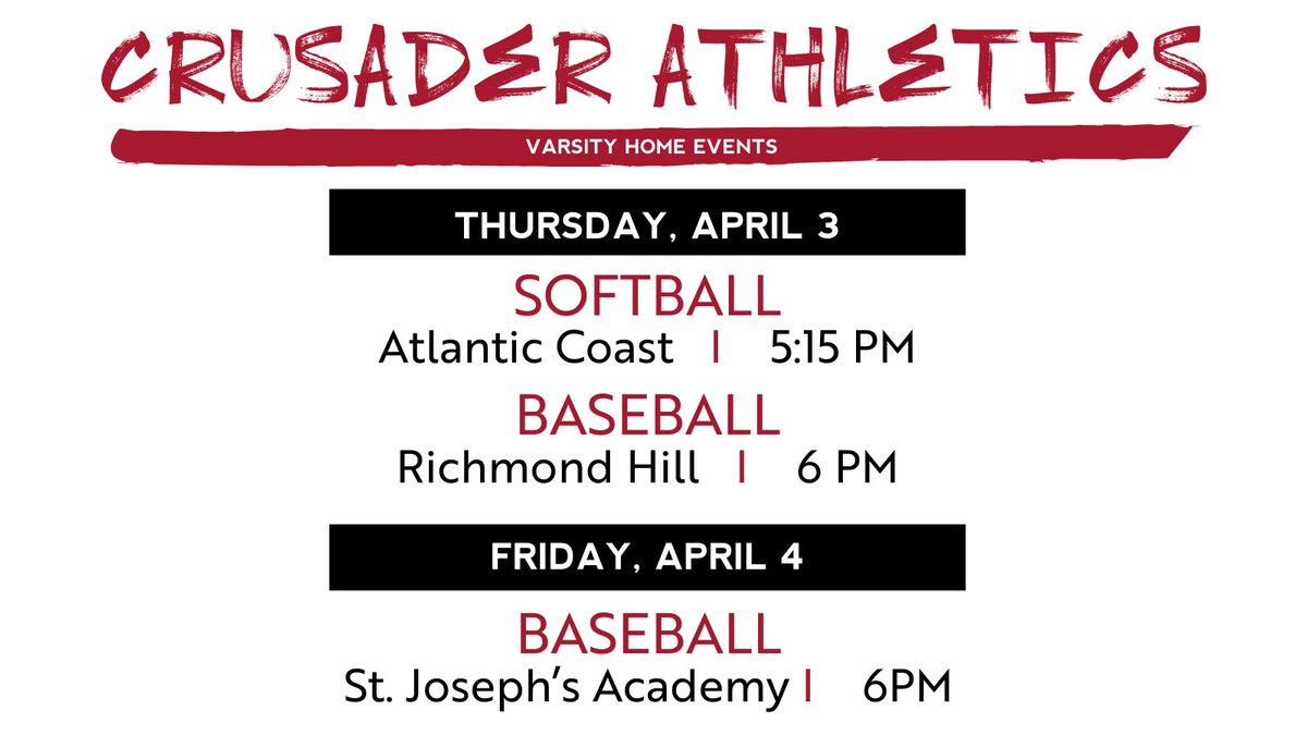 Bishop Kenny Athletics (@bkhs_athletics) on Twitter photo ⚔️ HOME EVENT SCHEDULE
Also, this week <a href="/BKHS_XC_TF/">BKHS Cross Country/Track & Field</a> heads to Bolles on Wednesday / Friday for a meet and <a href="/BKHS_Strength/">BKHS Strength</a> takes qualifiers to Live Oak for the Regional meet.
#GoBigRed // <a href="/BishopKennyHS/">Bishop Kenny High School</a> ⚔️ HOME EVENT SCHEDULE
Also, this week <a href="/BKHS_XC_TF/">BKHS Cross Country/Track & Field</a> heads to Bolles on Wednesday / Friday for a meet and <a href="/BKHS_Strength/">BKHS Strength</a> takes qualifiers to Live Oak for the Regional meet.
#GoBigRed // <a href="/BishopKennyHS/">Bishop Kenny High School</a>