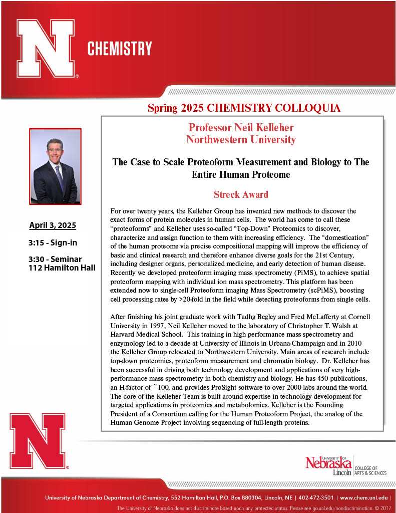 This week, we have our Streck Award Lecture with Professor Neil Kelleher from Northwestern University. Seminar will be on Thursday, April 3, at 3:30pm in room 112 Hamilton Hall.