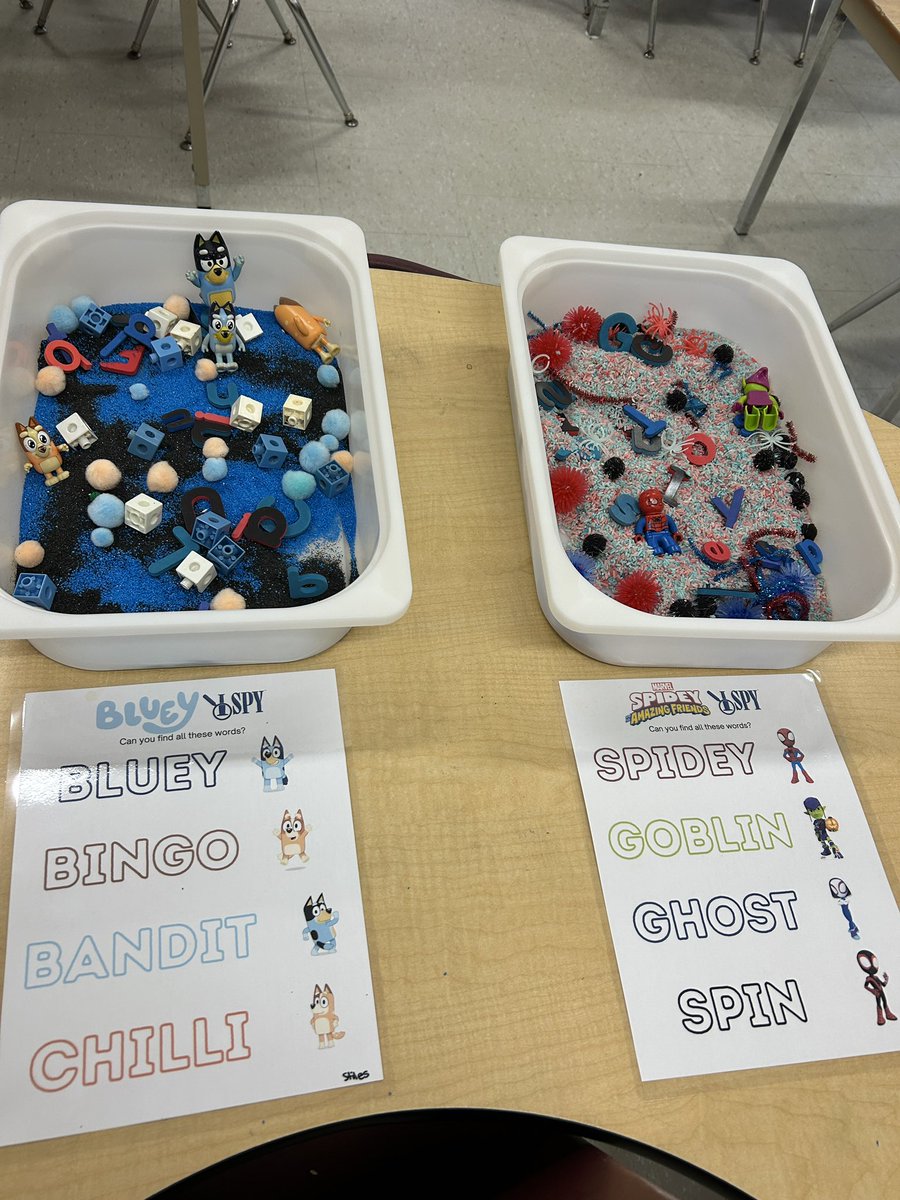 Engaging students in letter learning means sprinkling their interests in, too. Bluey and Spidey made an appearance this week with a fun sensory spin! Students enjoyed finding and matching the letters while using the characters to “help”! #Literacy #LearningThroughPlay