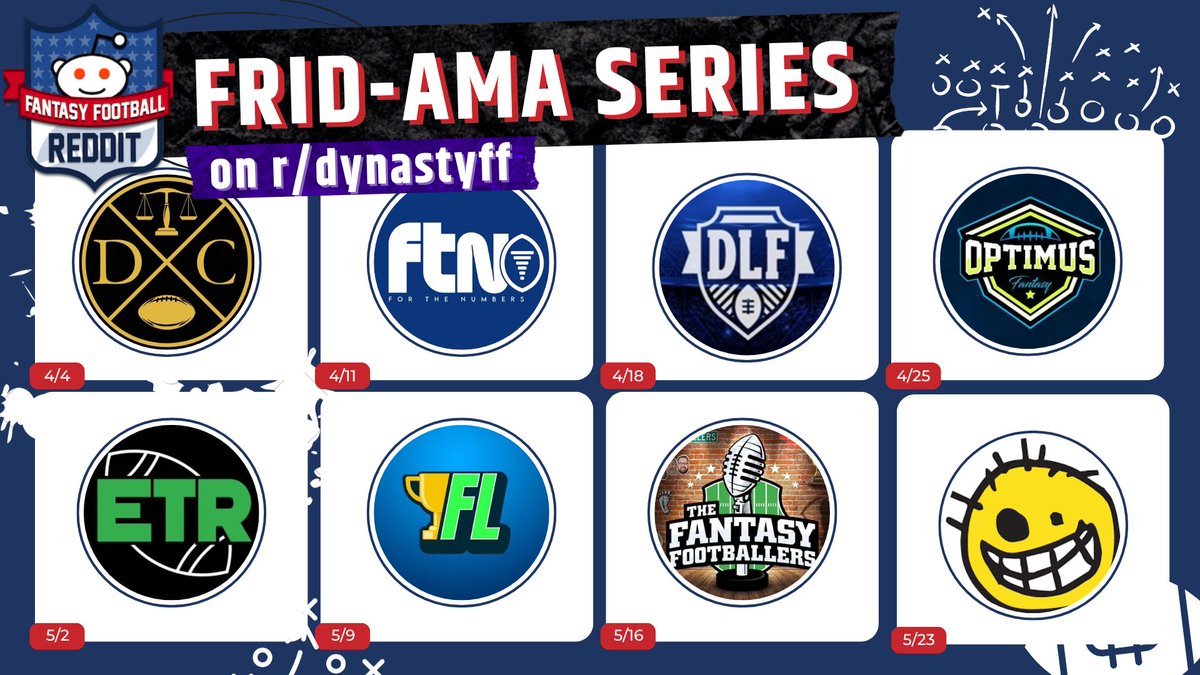 🚨🏈NEW AMA SERIES🏈🚨

FRID-AMAs will feature great dynasty minds weekly leading up to the NFL Draft and through rookie draft season!

➡️This AMA series will be hosted on r/dynastyff.⬅️

Come get prospect insights, draft advice, and more!

FRID-AMAs start this week!