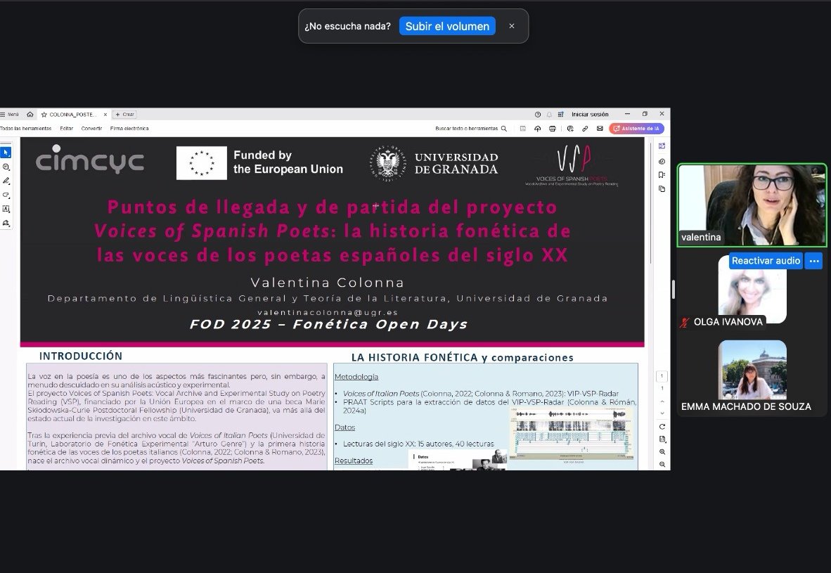 FonoLab: experimentar y aprender fonética (@fonolabf) on Twitter photo <a href="/VctMarrero/">Victoria Marrero</a> <a href="/PabloPerezMol/">Pablo Pérez Molina</a> <a href="/Laura_PSanchez/">Laura Pascual</a> El último póster de la mañana ha sido gracias a Valentina Colonna (UGR): «Puntos de llegada y de partida del proyecto “Voices of Spanish Poets”: la historia fonética de las voces de los poetas españoles del siglo XX». <a href="/VctMarrero/">Victoria Marrero</a> <a href="/PabloPerezMol/">Pablo Pérez Molina</a> <a href="/Laura_PSanchez/">Laura Pascual</a> El último póster de la mañana ha sido gracias a Valentina Colonna (UGR): «Puntos de llegada y de partida del proyecto “Voices of Spanish Poets”: la historia fonética de las voces de los poetas españoles del siglo XX».