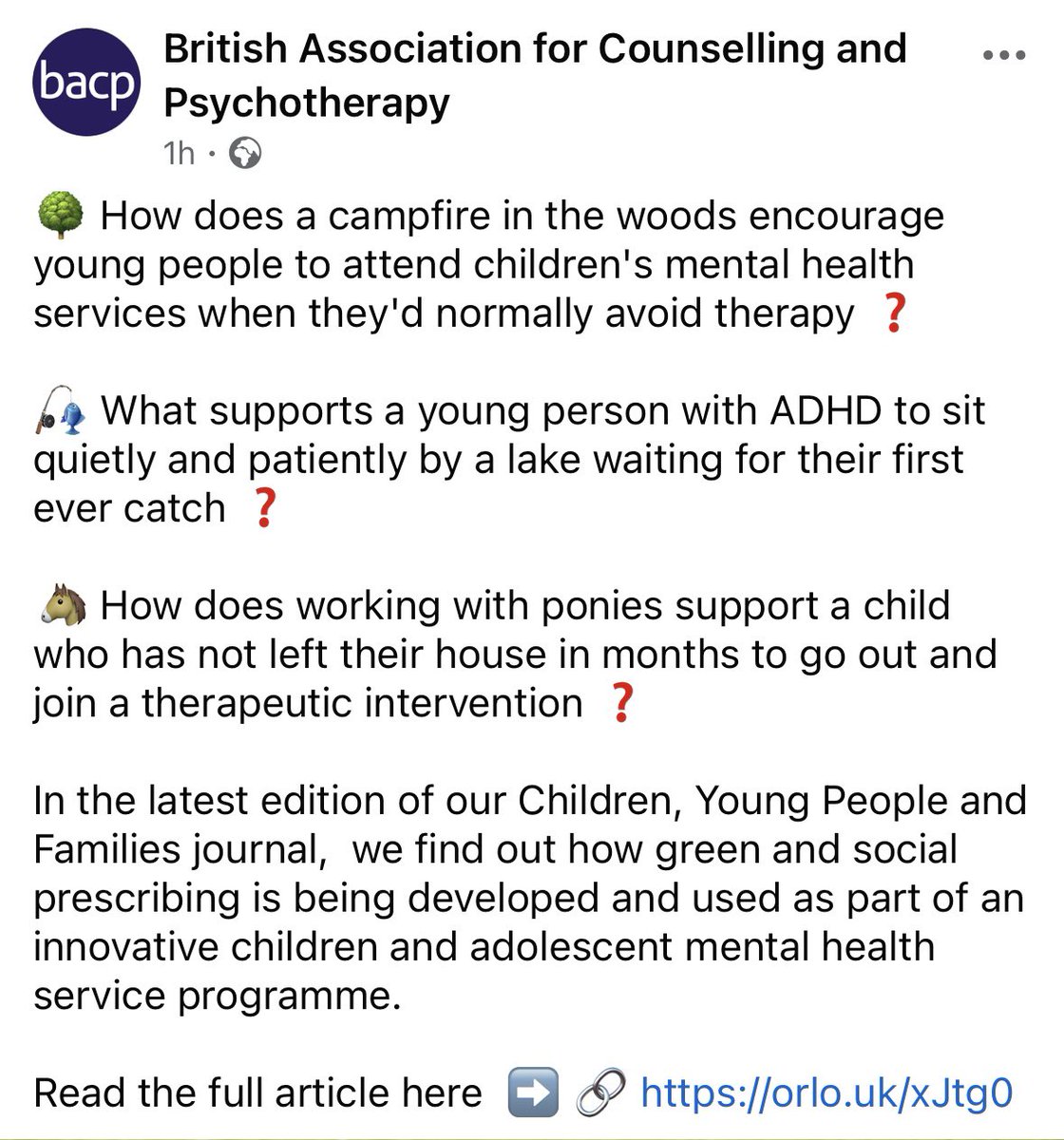 Delighted to be co-author for a BACP journal article ‘CAMHS into Wild’ 🌳🏕️🌤️as part of the collaborating work with Liverpool CAMHS Alder Hey Children’s NHS Foundation Trust on social &amp; green prescribing for child &amp; young people across Liverpool <a href="/LJMU_IHR/">LJMU Institute for Health Research</a> <a href="/LJMUPsychology/">LJMU Psychology</a>
