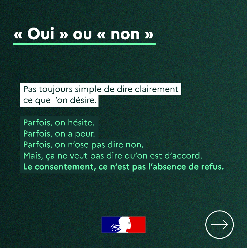 gouvernementFR's tweet photo. 📝 Le consentement, ce n'est pas l'absence de refus.

À l’heure où l’Assemblée nationale débat de son intégration dans la loi, on fait le point sur cette notion fondamentale, souvent mal comprise.👇