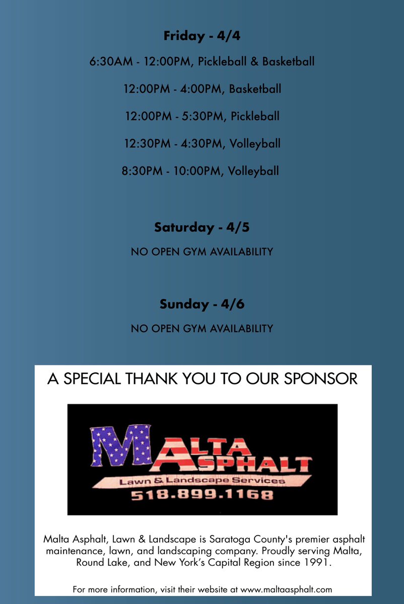 Happy Monday, everyone! 🌥️

Here’s this week’s Open Gym schedule (March 31 - April 6). Let’s start the week strong!

A big thank you to our sponsor, Malta Asphalt Lawn &amp; Landscape Services, for their support.

Let’s make it a great one! 💪

#week #schedule #ImpactAthleticCenter