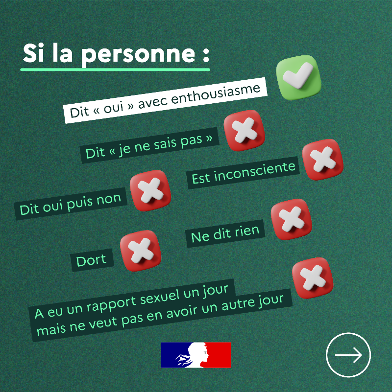 gouvernementFR's tweet photo. 📝 Le consentement, ce n'est pas l'absence de refus.

À l’heure où l’Assemblée nationale débat de son intégration dans la loi, on fait le point sur cette notion fondamentale, souvent mal comprise.👇
