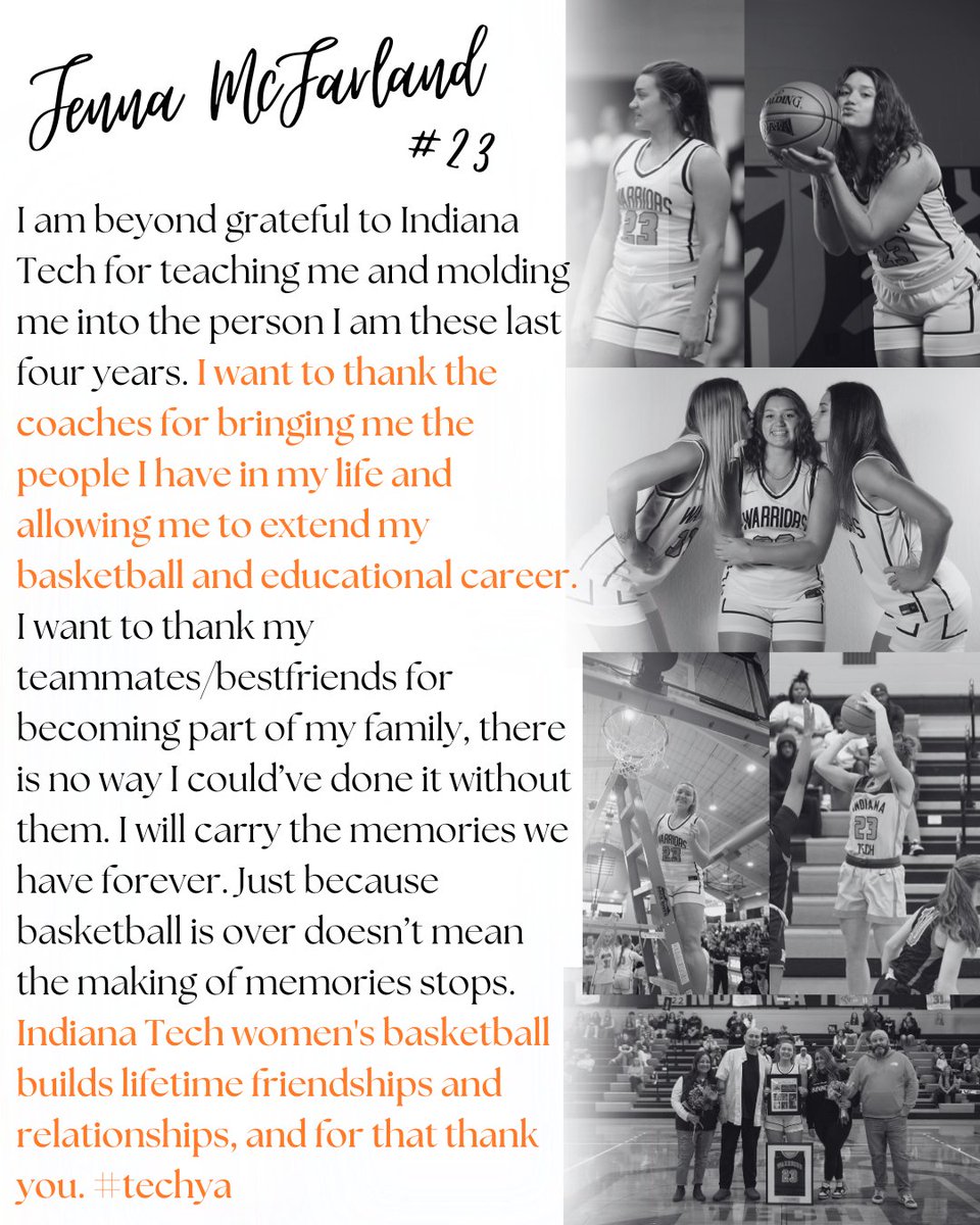 Some words from our senior #23 Jenna McFarland.

Jenna has been a light to this team for the past four years we will miss a person and player like Jenna being apart of the Indiana Tech Women's Basketball Program but know she is moving forward into many incredible things.