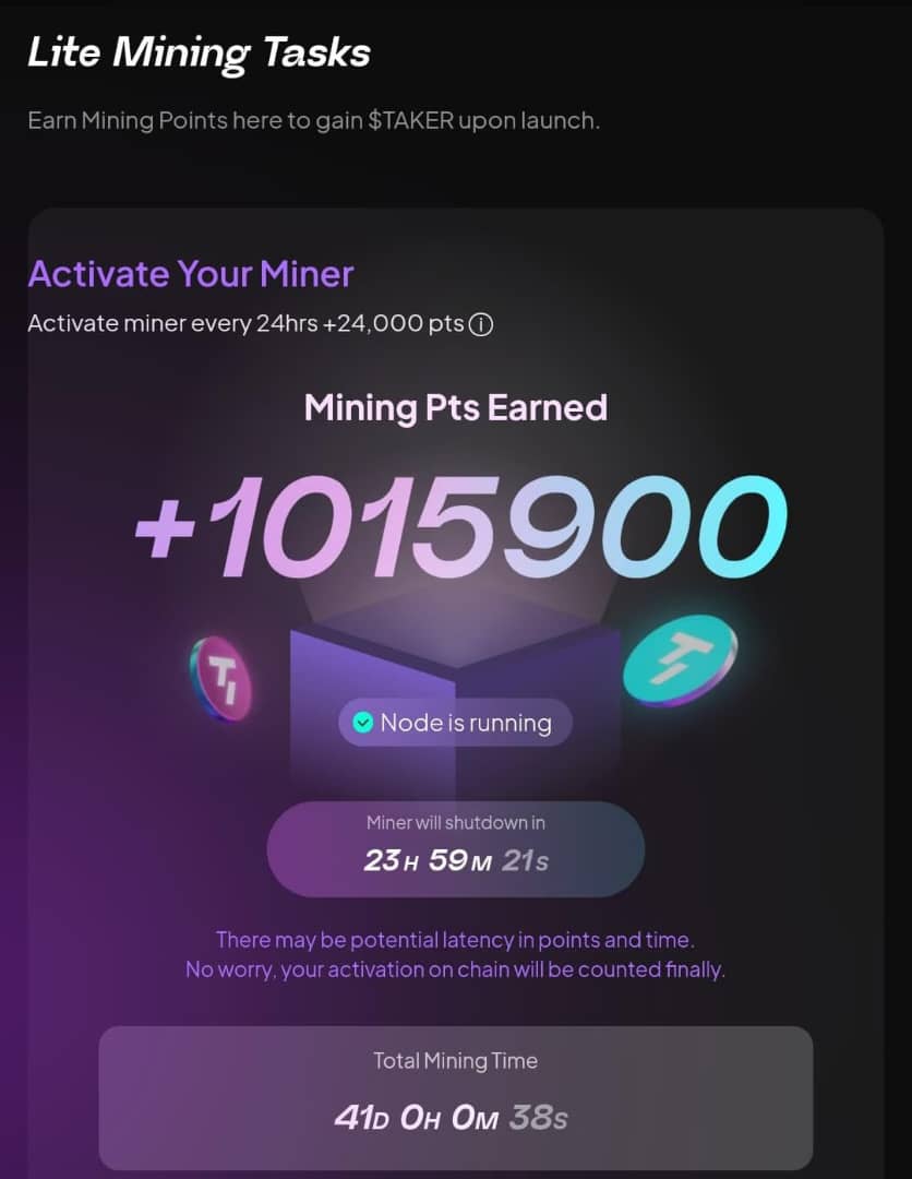 man_lyk_freddy's tweet image. I have finally hit 1m on $TAKER
Not much tho but was achievable due to how  I activate miner consistently.
If you&apos;ve not started, join here👇👇👇 earn.taker.xyz/?start=GFYKR