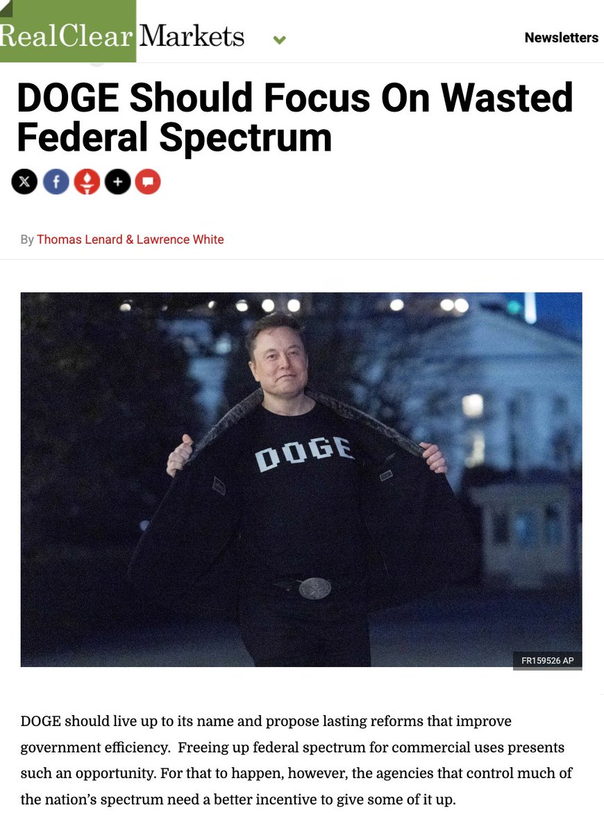 techpolicyinst's tweet photo. In RealClearMarkets today: TPI's Tom Lenard and NYU Stern's Lawrence White write, "DOGE Should Focus on Wasted Federal Spectrum-- DOGE should live up to its name and propose lasting reforms that improve government efficiency." Read it here! 🗞️https://t.co/tJbJo2cGV0 https://t.co/xJFJZUYiL4