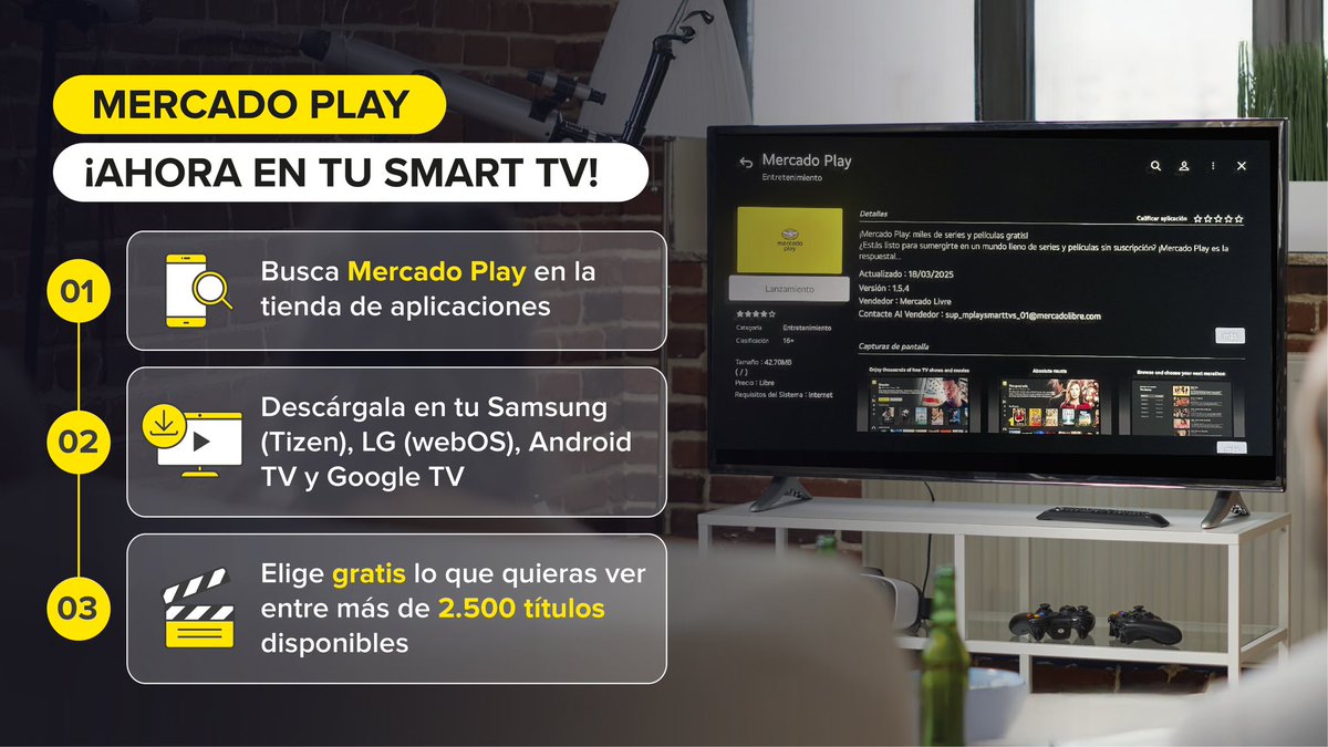 ¡Mercado Libre llega a un nuevo dispositivo! 
Computadoras, celulares, tablets… y ahora también a más de 72 millones de Smart TVs. 

Todo el contenido de Mercado Play disponible GRATIS en TV 🎬🍿