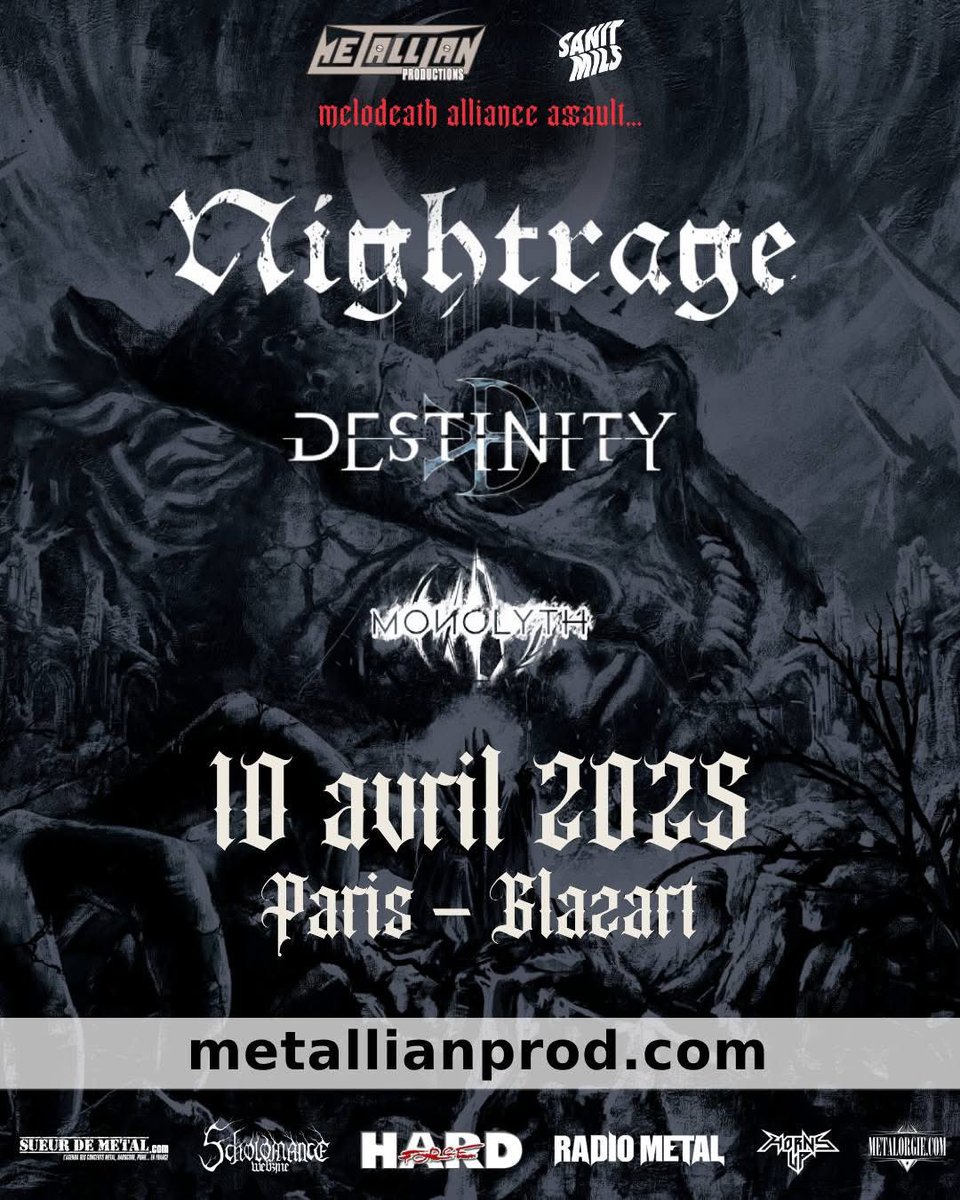 🔥NOUVEAU CONCOURS🔥
Sanit Mils Recs vous fait gagner 2 invitations (1 par gagnant) pour le concert de Nightrage + DESTINITY + Monolyth qui se tiendra au GLAZART à Paris (75), le Jeudi 10 Avril !
 
Pour participer au tirage au sort du 7 Avril à 10h :
sueurdemetal.com/concours/night…