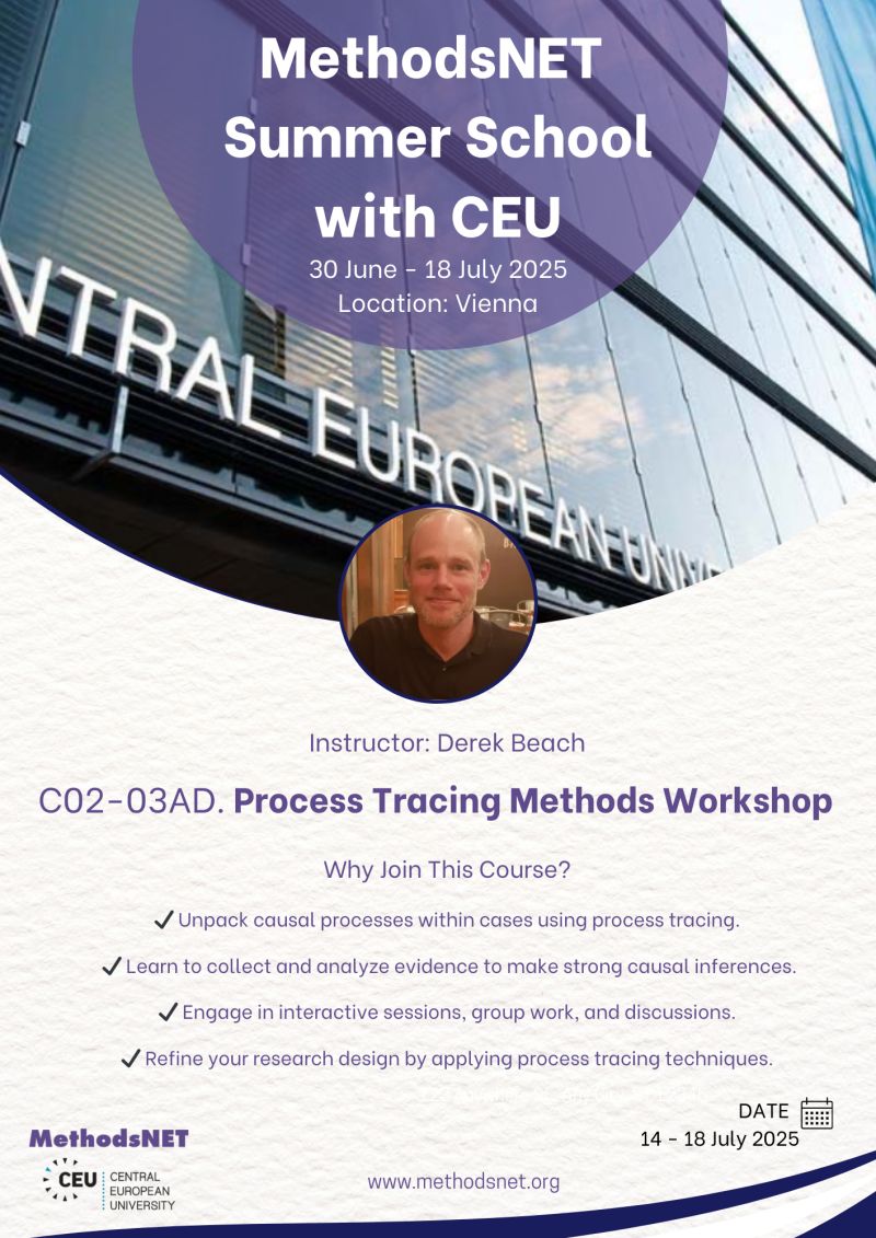 MethodsNET (@methodsnet) on Twitter photo Working with case studies and want to sharpen your skills in causal inference? š
Join Derek Beach this July at the #MethodsNET Summer School at <a href="/ceu/">Central European University</a> for a deep dive into Process Tracing!
Access the course & register now ā”ļø: methodsnet.org/course/c02-03a⦠Working with case studies and want to sharpen your skills in causal inference? š
Join Derek Beach this July at the #MethodsNET Summer School at <a href="/ceu/">Central European University</a> for a deep dive into Process Tracing!
Access the course & register now ā”ļø: methodsnet.org/course/c02-03aā¦