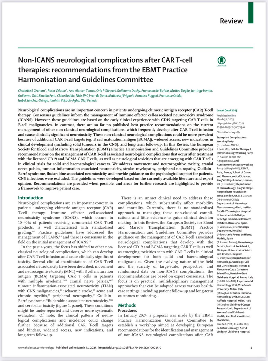 Felipe Peña Muñoz (@hematorules) on Twitter photo 🚨 Just presented at #EBMT25 and Just released at <a href="/TheLancetOncol/">The Lancet Oncology</a> 🚨
Non-ICANS neurological complications after CAR T-cell therapies: recommendations from the EBMT Practice Harmonisation and Guidelines Committee
Amazing job <a href="/VelascoRoser/">Roser Velasco</a> et al!
<a href="/TheEBMT/">The EBMT</a> <a href="/TheEBMT_Trainee/">The EBMT Trainee Committee</a> 🚨 Just presented at #EBMT25 and Just released at <a href="/TheLancetOncol/">The Lancet Oncology</a> 🚨
Non-ICANS neurological complications after CAR T-cell therapies: recommendations from the EBMT Practice Harmonisation and Guidelines Committee
Amazing job <a href="/VelascoRoser/">Roser Velasco</a> et al!
<a href="/TheEBMT/">The EBMT</a> <a href="/TheEBMT_Trainee/">The EBMT Trainee Committee</a>