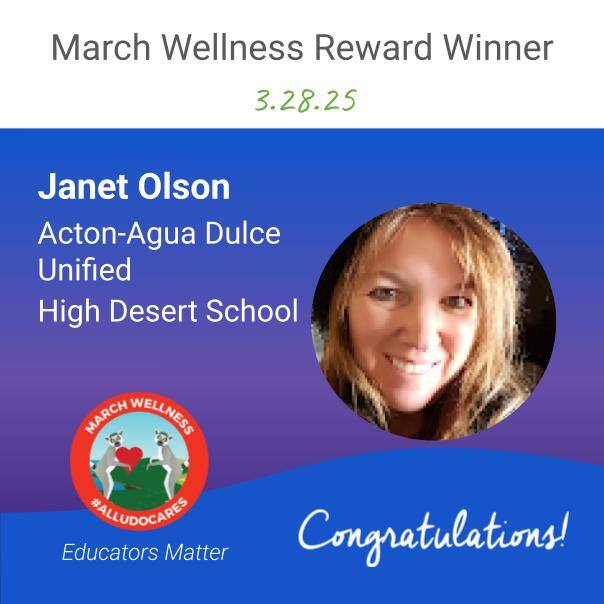 🎉 Congratulations Janet from <a href="/AADUSDSchools/">Acton Agua Dulce Unified School District</a>! 🎉

You are a #MarchWellness Educator Gift Giveaway WINNER! 🏆

Thank you for being an incredible educator and for everything you do every day! 💙👏 #Gratitude #EducatorAppreciation