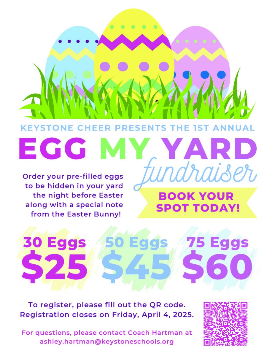 KeystoneSchools's tweet image. Keystone Cheer presents the first annual Egg My Yard Easter fundraiser! Registration concludes April 4!