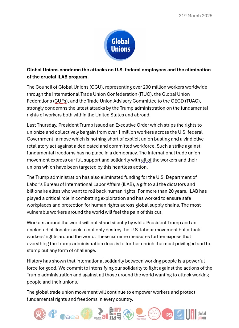 UNI Global Union (@uniglobalunion) on Twitter photo This is a shot across the bow for wrkrs everywhere. Trump & his billionaire buddies r coming for our unions, not just unions representing fed wrkrs, but unions everywhere. All wrkrs stand to lose. If they can do this here, where do they go next? We must stand strong.<a href="/CHoffmanUNI/">Christy Hoffman</a> This is a shot across the bow for wrkrs everywhere. Trump & his billionaire buddies r coming for our unions, not just unions representing fed wrkrs, but unions everywhere. All wrkrs stand to lose. If they can do this here, where do they go next? We must stand strong.<a href="/CHoffmanUNI/">Christy Hoffman</a>