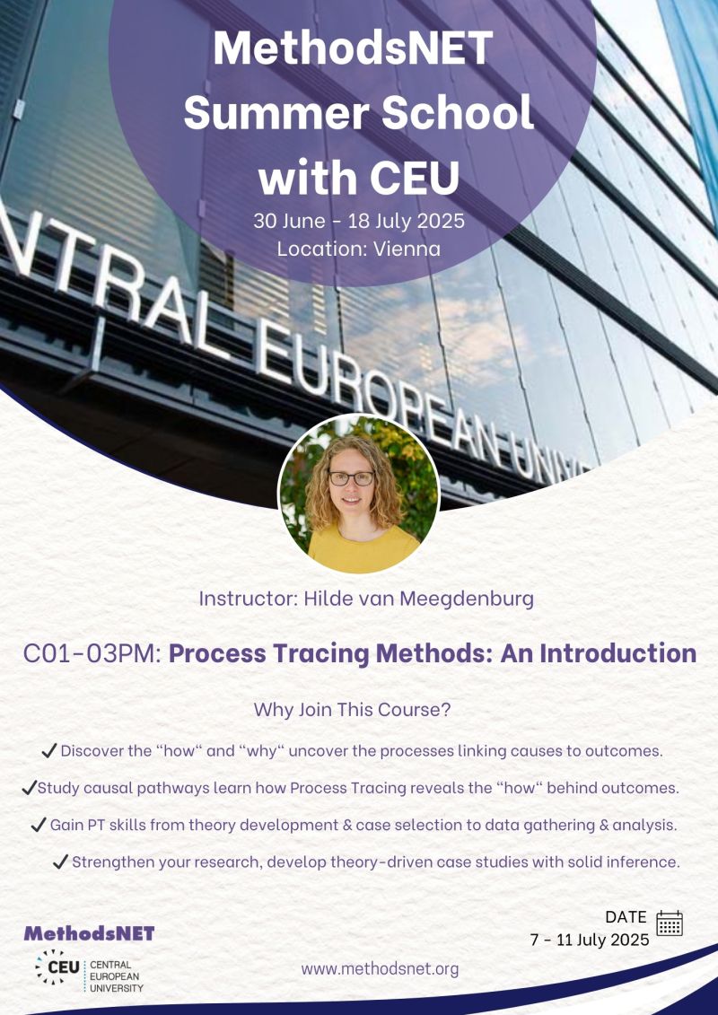 MethodsNET (@methodsnet) on Twitter photo Want to deepen your understanding of causal mechanisms in qualitative research? š
Join Hilde van Meegdenburg at theĀ #MethodsNET Summer SchoolĀ this July at <a href="/ceu/">Central European University</a> for an intensive course on Process Tracing.
Access the course & register now ā”ļø: methodsnet.org/course/c01-02p⦠Want to deepen your understanding of causal mechanisms in qualitative research? š
Join Hilde van Meegdenburg at theĀ #MethodsNET Summer SchoolĀ this July at <a href="/ceu/">Central European University</a> for an intensive course on Process Tracing.
Access the course & register now ā”ļø: methodsnet.org/course/c01-02pā¦
