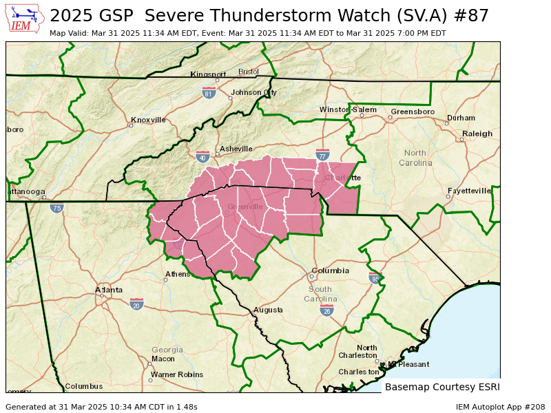 BickfordWX's tweet image. GSP issues Severe Thunderstorm Watch till Mar 31, 7:00 PM EDT mesonet.agron.iastate.edu/vtec/f/2025-O-…
