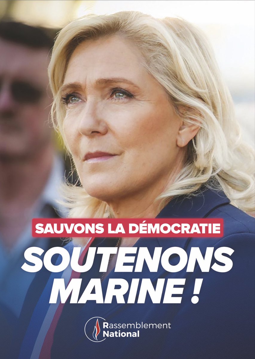 La condamnation avec exécution provisoire de Marine Le Pen, qui l'empêche d'être candidate en 2027, est un scandale démocratique.

Par notre mobilisation populaire et pacifique, montrons-leur que la volonté du peuple est plus forte ➡️ rassemblementnational.fr/petition/defen…

#SauvonsLaDémocratie