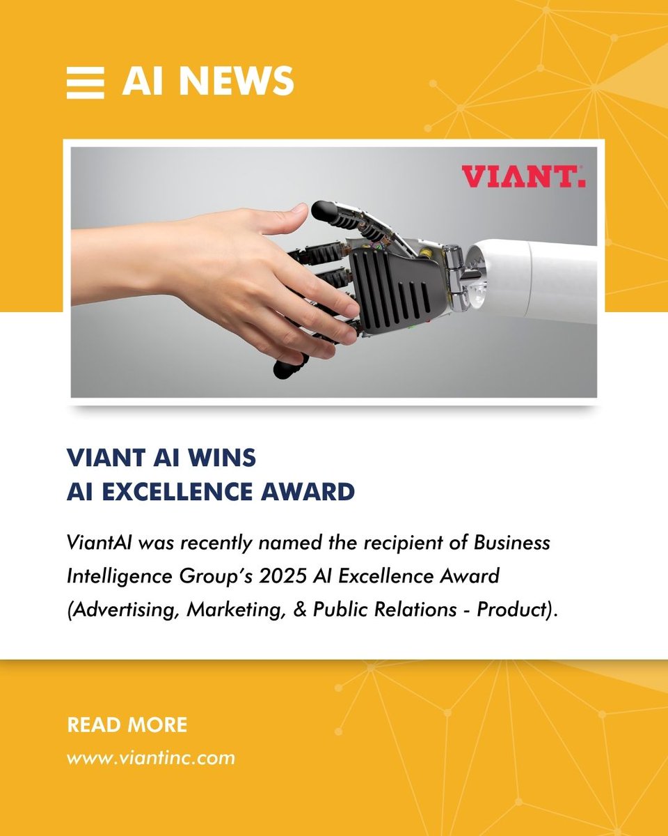 Big congrats to Viant, one of our amazing sponsors, for winning the 2025 AI Excellence Award! 🏆 ViantAI is changing the game in AI-driven marketing, and we’re proud to celebrate their achievement in Advertising, Marketing &amp; PR 👏

#AI #Award #Sponsor #Marketing #PR #Advertising