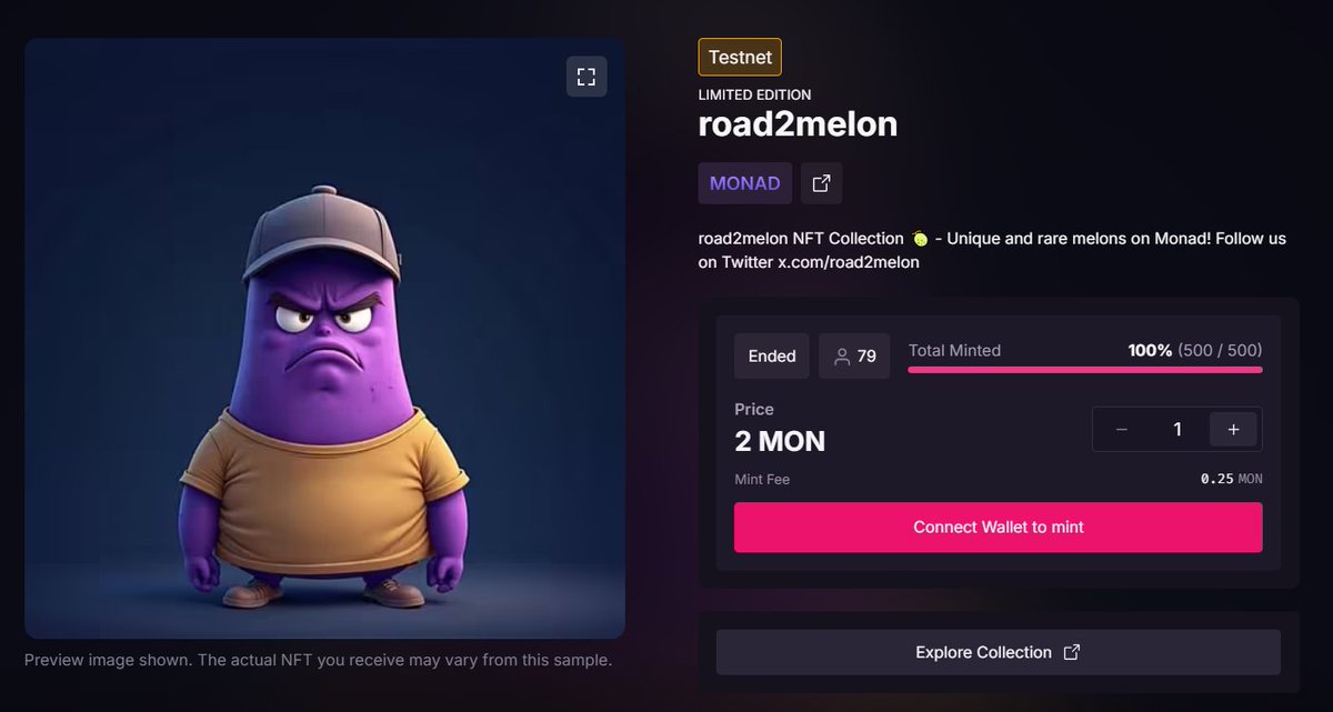 I'm giving away 600 mon for road2melon holders  
magiceden.us/ru/collections… 

1 - 100 mon 
1 - 50 mon 
5 - 20 mon 
15 - 10 mon 
40 - 5 mon 

To participate: 
1 like and retweet 
2 have at least 1 nft melon
3 send wallet address with nft in comments 
 
results in 48 hours <a href="/monad_xyz/">Monad</a>