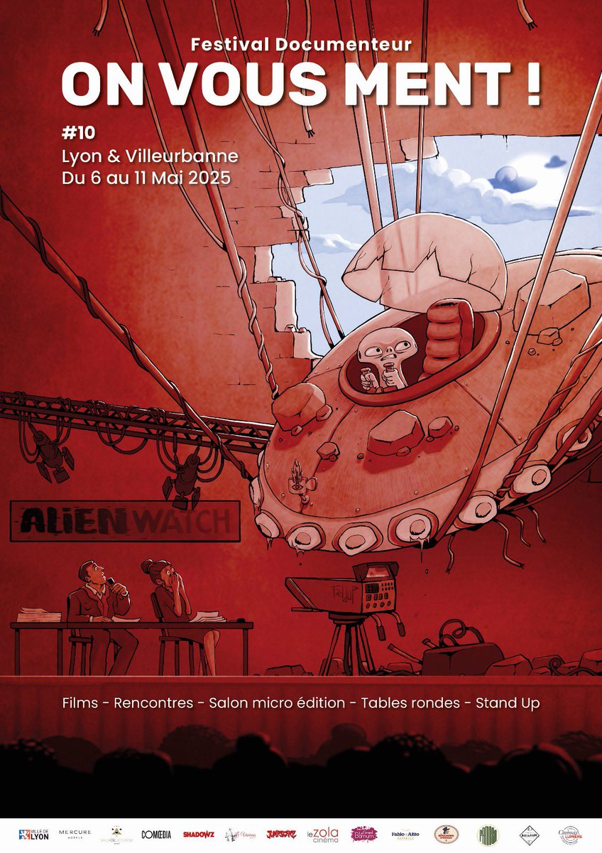 Découvrez l’affiche de la 10e édition du festival <a href="/OnVousMentFest/">On Vous Ment!</a> 
✍️ ropiedebiche 
Lettrage : @qpup_naga 
👉 La programmation du festival arrive très très bientôt