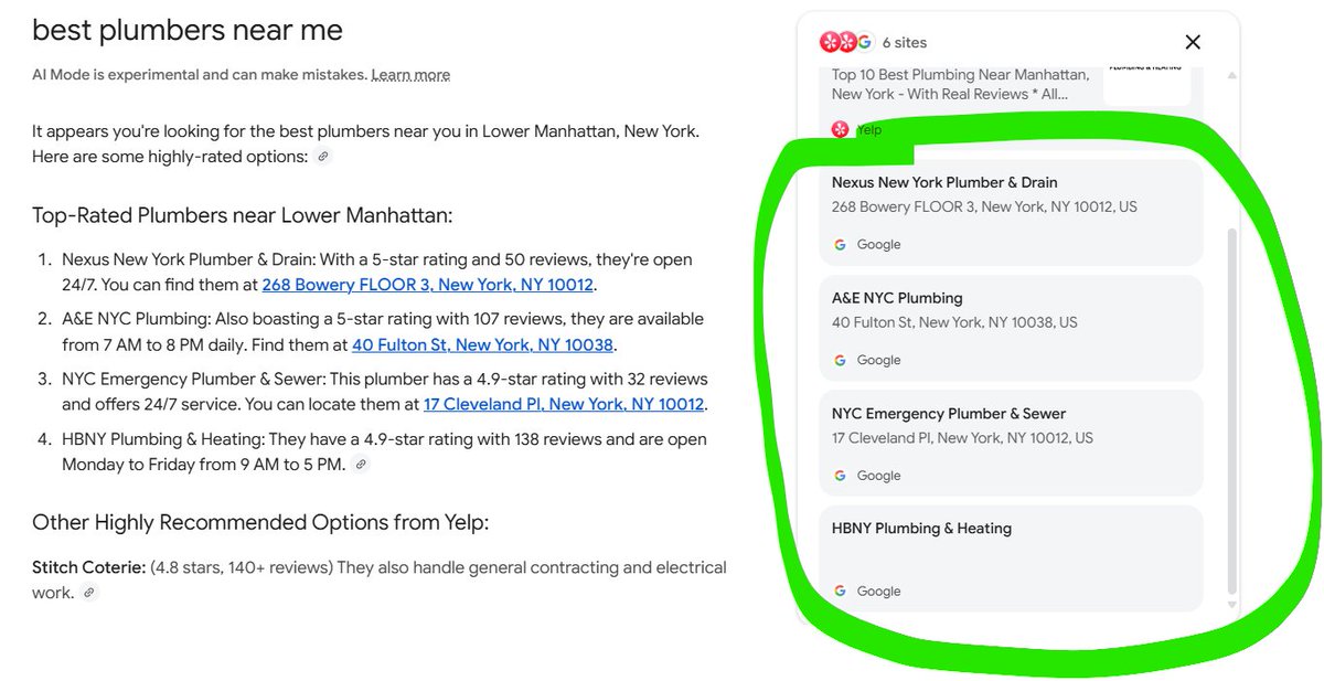 lilyraynyc's tweet photo. This won't surprise anyone but looks like AI Mode links directly to Google Business Profile listing URLs for localized searches, not the website associated with the business. https://t.co/Y0hn7ofcaT