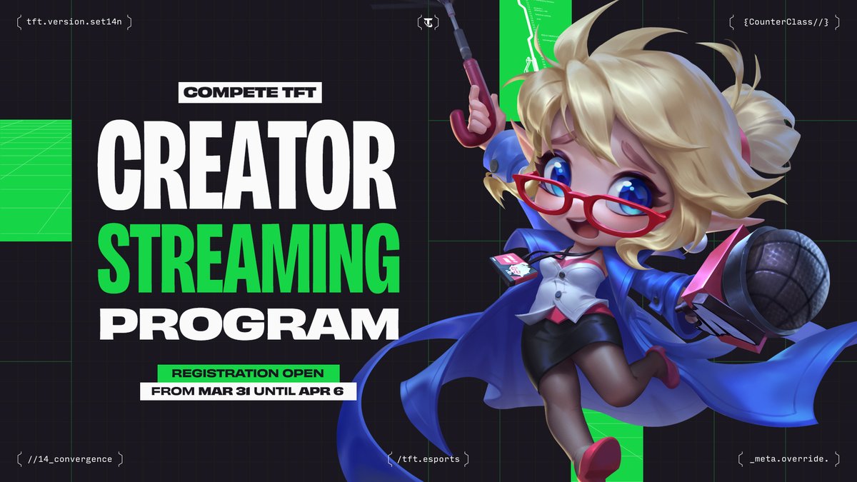 // INITIATING CREW RECRUITMENT… //

Cyber City needs top operatives for the Creator Streaming Program to elevate the TFT Esports viewing experience.

📡 Last day to sign up is April 6. More details in the signup link!

AMER: riot.com/TFTAMER-Conten…
EMEA: riot.com/TFTEMEA-Conten…