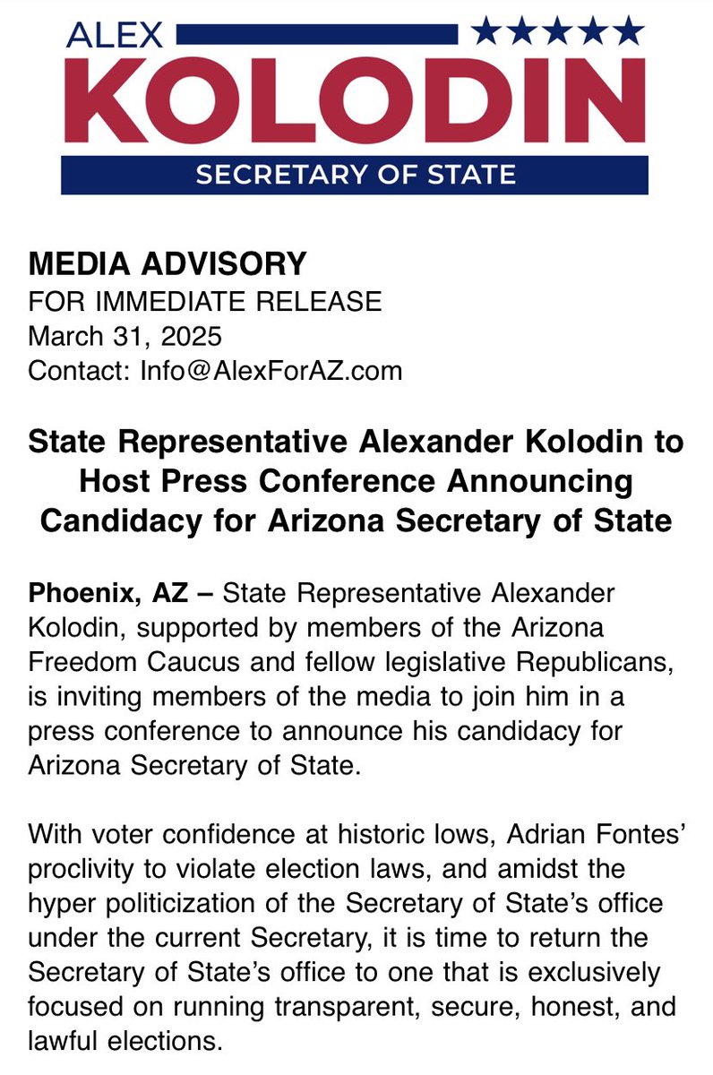 State Rep .<a href="/realAlexKolodin/">Rep. Alexander Kolodin</a> is launching his campaign for Arizona secretary of state today. The Freedom Caucus member is the first Republican to jump into the race to challenge <a href="/Adrian_Fontes/">Adrian Fontes</a>, who’s expected to announce his reelection campaign soon.