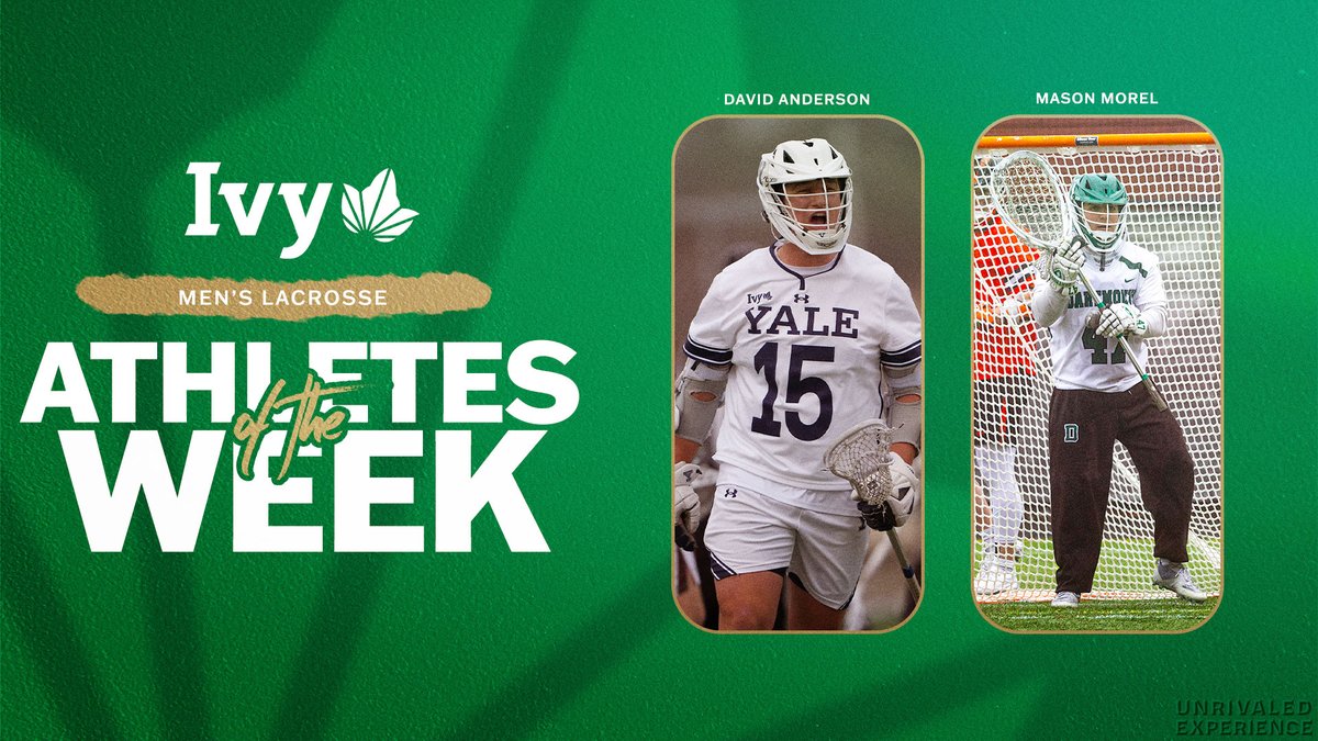 Ivy League (@ivyleague) on Twitter photo After weekend performances against Ivy opponents, <a href="/YaleLacrosse/">Yale Men's Lacrosse</a>'s David Anderson (Offensive) and <a href="/DartmouthMLax/">Dartmouth Men’s Lacrosse</a>'s Mason Morel (Defensive) were named Ivy League men’s lacrosse players of the week. 🌿🥍
📰 » ivylg.co/MLAX033125 After weekend performances against Ivy opponents, <a href="/YaleLacrosse/">Yale Men's Lacrosse</a>'s David Anderson (Offensive) and <a href="/DartmouthMLax/">Dartmouth Men’s Lacrosse</a>'s Mason Morel (Defensive) were named Ivy League men’s lacrosse players of the week. 🌿🥍
📰 » ivylg.co/MLAX033125