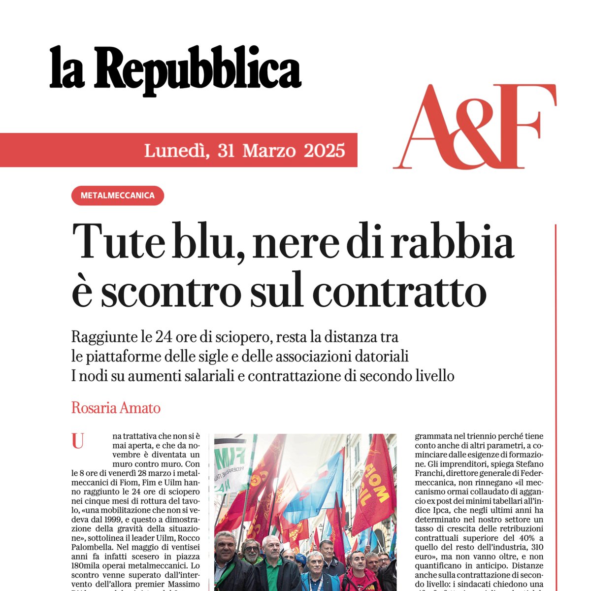 UTOPIA - Public Policy, Advocacy & Communication (@utopia_lab) on Twitter photo 🔧Stallo nella trattativa per il rinnovo del contratto metalmeccanico: sindacati chiedono +280€/mese, ma <a href="/Federmeccanica/">FEDERMECCANICA</a> avverte sulle incertezze economiche. <a href="/assistal/">ASSISTAL</a> segnala il rischio per le gare pubbliche. L'analisi di <a href="/rosariamato/">Rosaria Amato</a> su <a href="/RepubblicaAF/">Repubblica Affari&Finanza</a>.
repubblica.it/economia/2025/… 🔧Stallo nella trattativa per il rinnovo del contratto metalmeccanico: sindacati chiedono +280€/mese, ma <a href="/Federmeccanica/">FEDERMECCANICA</a> avverte sulle incertezze economiche. <a href="/assistal/">ASSISTAL</a> segnala il rischio per le gare pubbliche. L'analisi di <a href="/rosariamato/">Rosaria Amato</a> su <a href="/RepubblicaAF/">Repubblica Affari&Finanza</a>.
repubblica.it/economia/2025/…