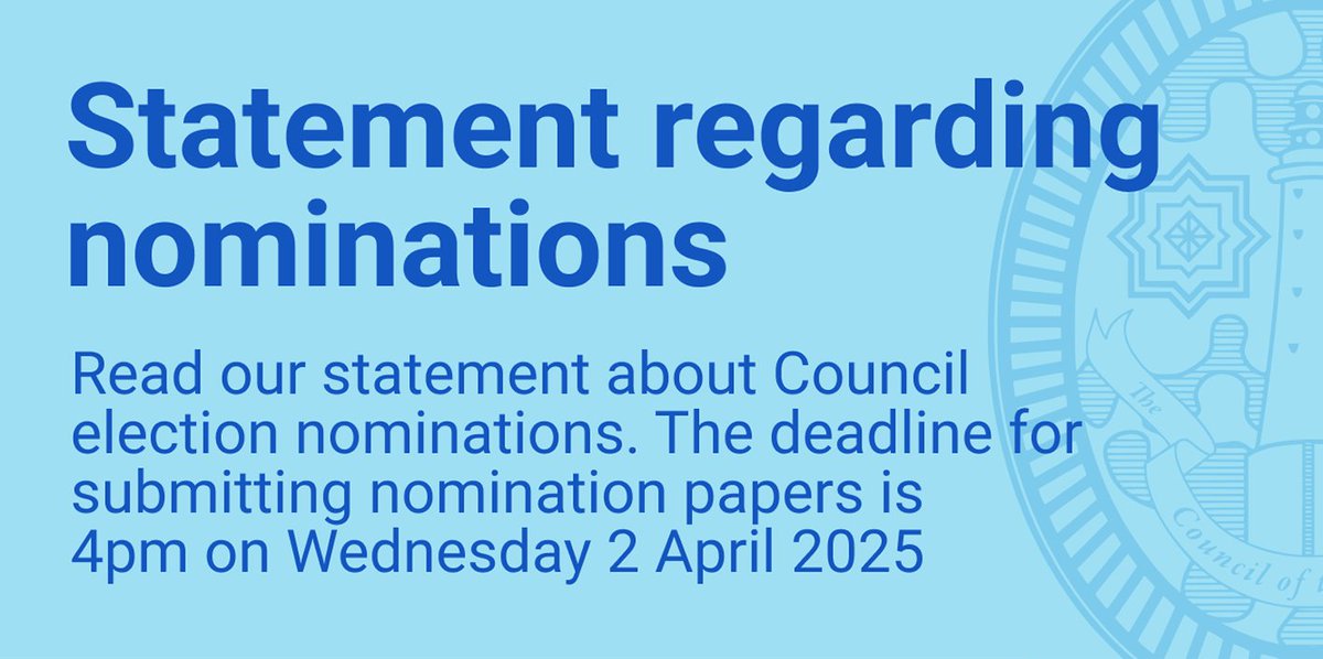 STATEMENT REGARDING NOMINATIONS

Read our statement about Council election nominations at the following link:
scilly.gov.uk/news/statement…

The deadline for submitting nomination papers is 
4pm on Wednesday 2 April 2025.