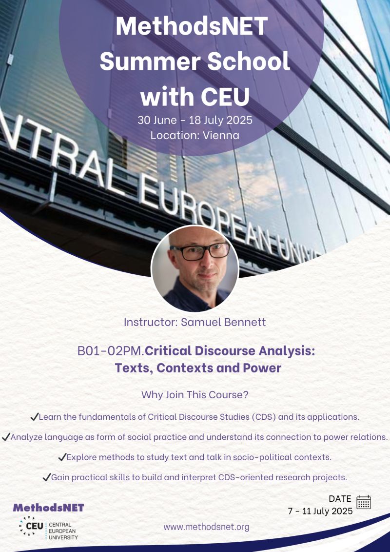 MethodsNET (@methodsnet) on Twitter photo Ready to dive into Critical Discourse Studies and explore how language reflects and shapes power relations?
Join Samuel Bennett at the #MethodsNET Summer School at <a href="/ceu/">Central European University</a>!
Access the course & register here ā”ļø : methodsnet.org/course/b01-03p⦠Ready to dive into Critical Discourse Studies and explore how language reflects and shapes power relations?
Join Samuel Bennett at the #MethodsNET Summer School at <a href="/ceu/">Central European University</a>!
Access the course & register here ā”ļø : methodsnet.org/course/b01-03pā¦