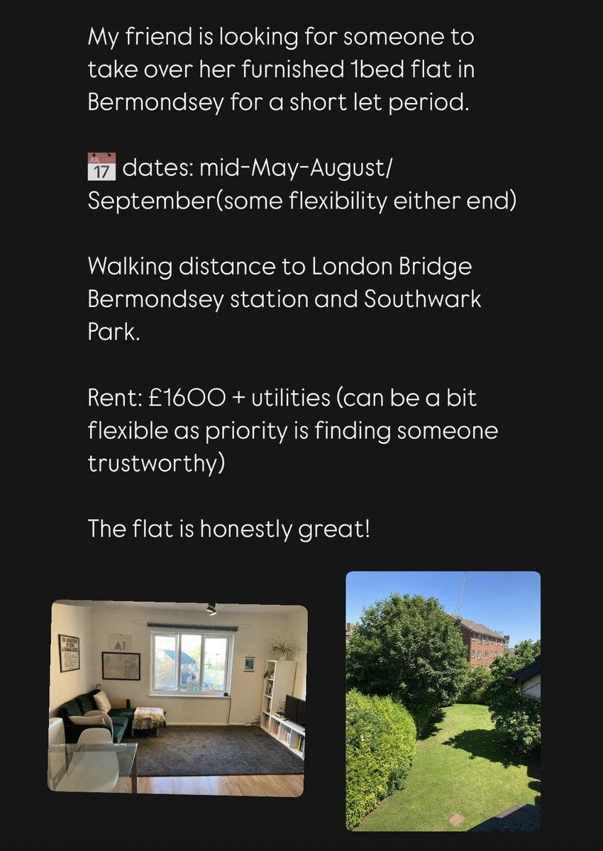 My friend is looking for someone to take over her insanely pretty Bermondsey flat from May to August (flexible)
All details in picture (with alt text)