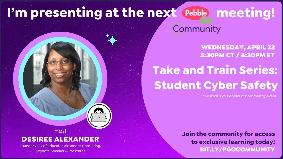 educatoralex's tweet photo. I’m presenting at the next Pebble Go Community Meeting!
Take & Train: Digital Citizenship
Join Community: https://t.co/EftgRbvrIa
Session Registration: https://t.co/ItuP1uIXXC
@CapstonePub #futurereadylibs #librarian #librarytwitter #library #schoollibrary #yalsa #PebbleGo https://t.co/2Dh69qJU3S