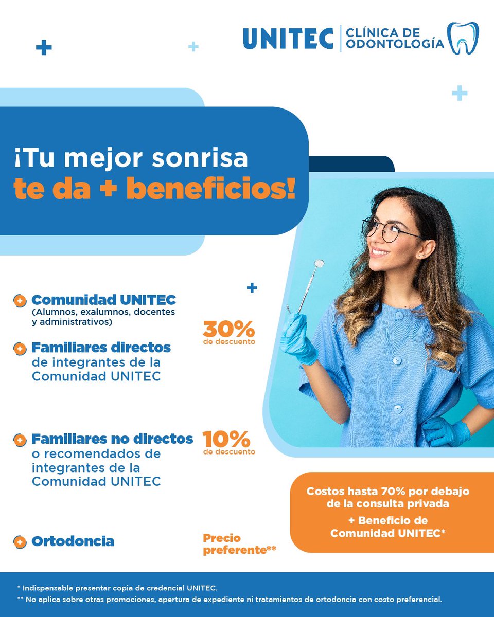 ¡Deja que tu sonrisa brille con nuestros increíbles descuentos! 😄✨ Visita la Clínica de Odontología UNITEC y aprovecha nuestras ofertas especiales para transformar no solo tu sonrisa, ¡sino también la de quienes te rodean! 🦷💙