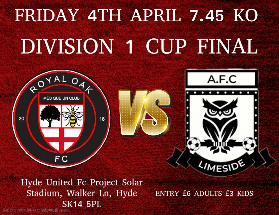 Cup Final time this Friday night so get yourself down there for what should be a great game against AFC Limeside !

Friday 4th April
Ko 7.45pm
Gates open 7pm
Entry - £6 Adults £3 Kids 
Bar is Open

Hyde United Fc
Project Solar Stadium
Walker Ln
Hyde 
SK14 5PL

UTRO 💥