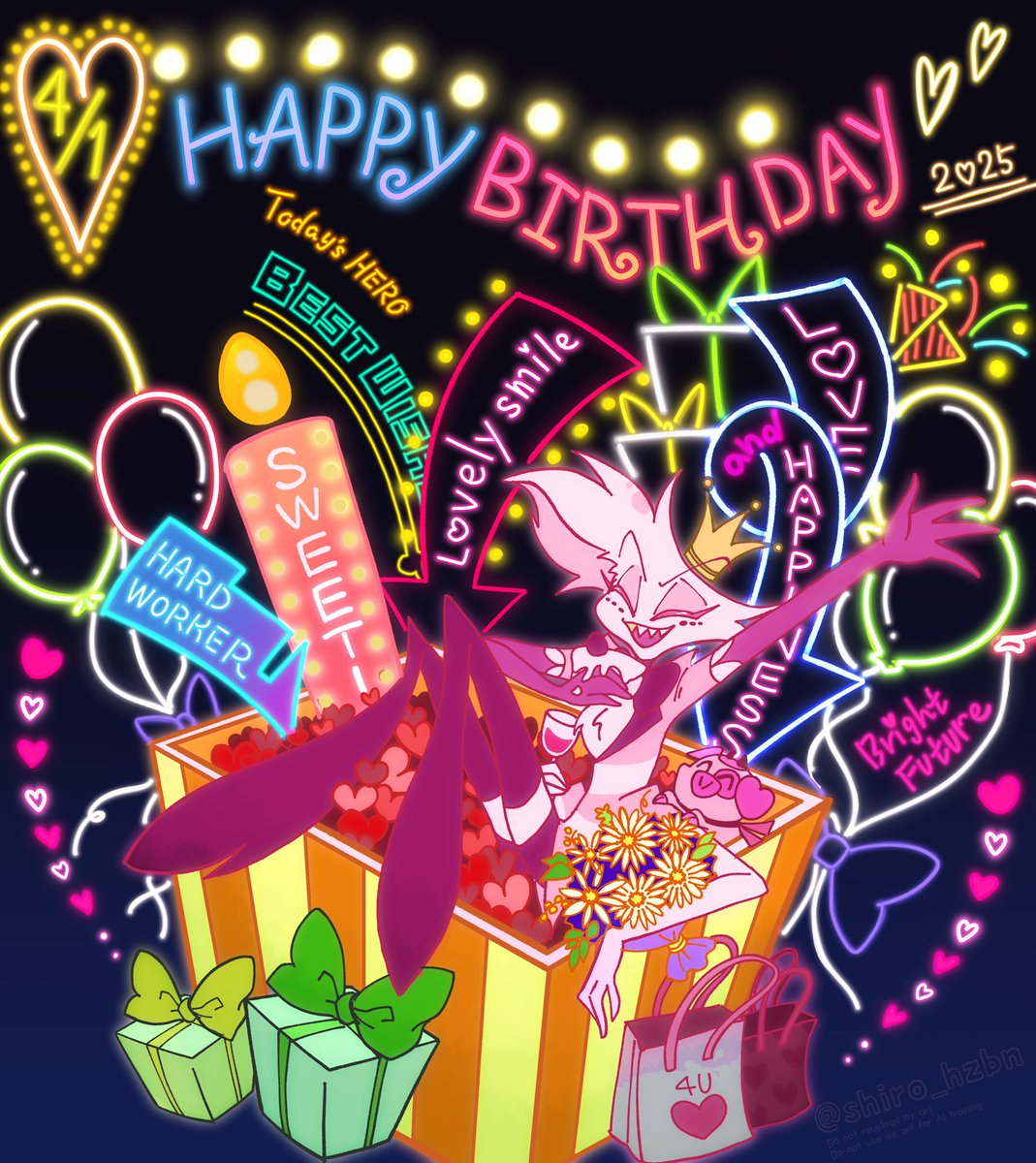 お誕生日おめでとう！
シーズン2もたくさんの笑顔を見せて欲しい〜〜🩷🩷🩷

#HazbinHotelAngelDust
  #Angeldustbirthdayparty