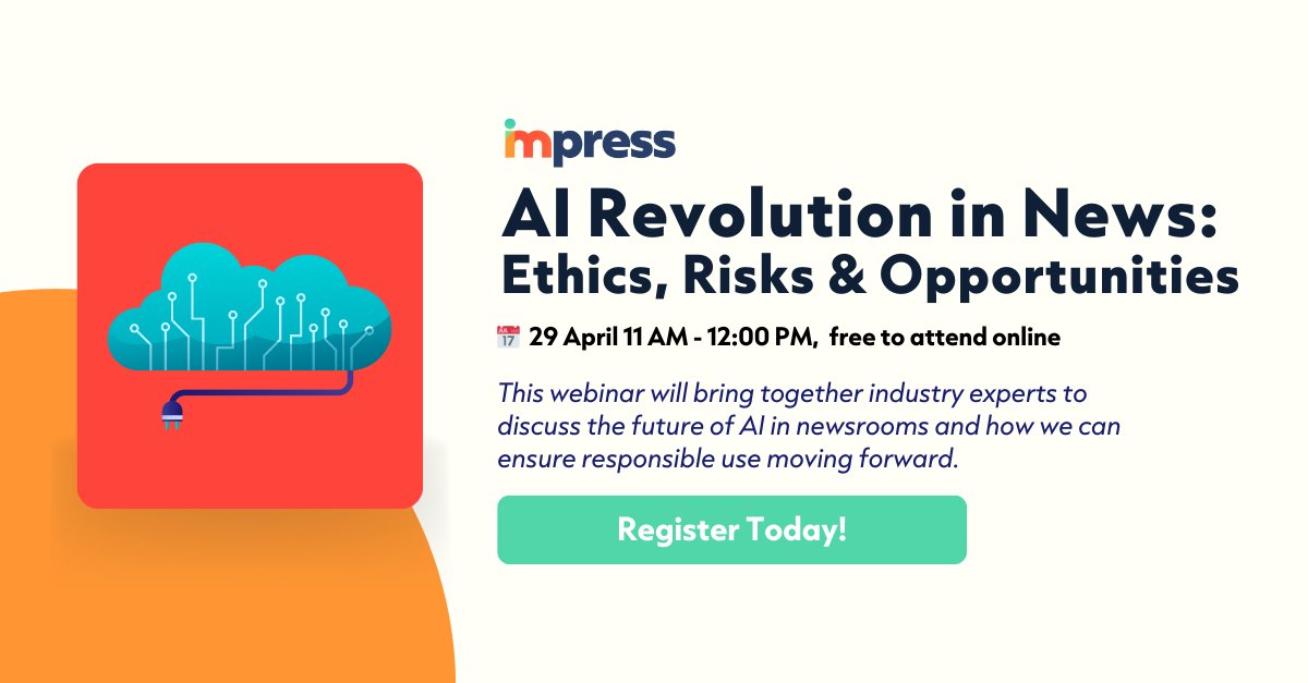🚨 Join us! The AI Revolution In News Webinar: Ethics, Risks and Opportunities - a free online webinar to launch new Impress best-practice guidance on Artificial Intelligence!

Find out more and register now! 👉 bit.ly/3DZVoqJ