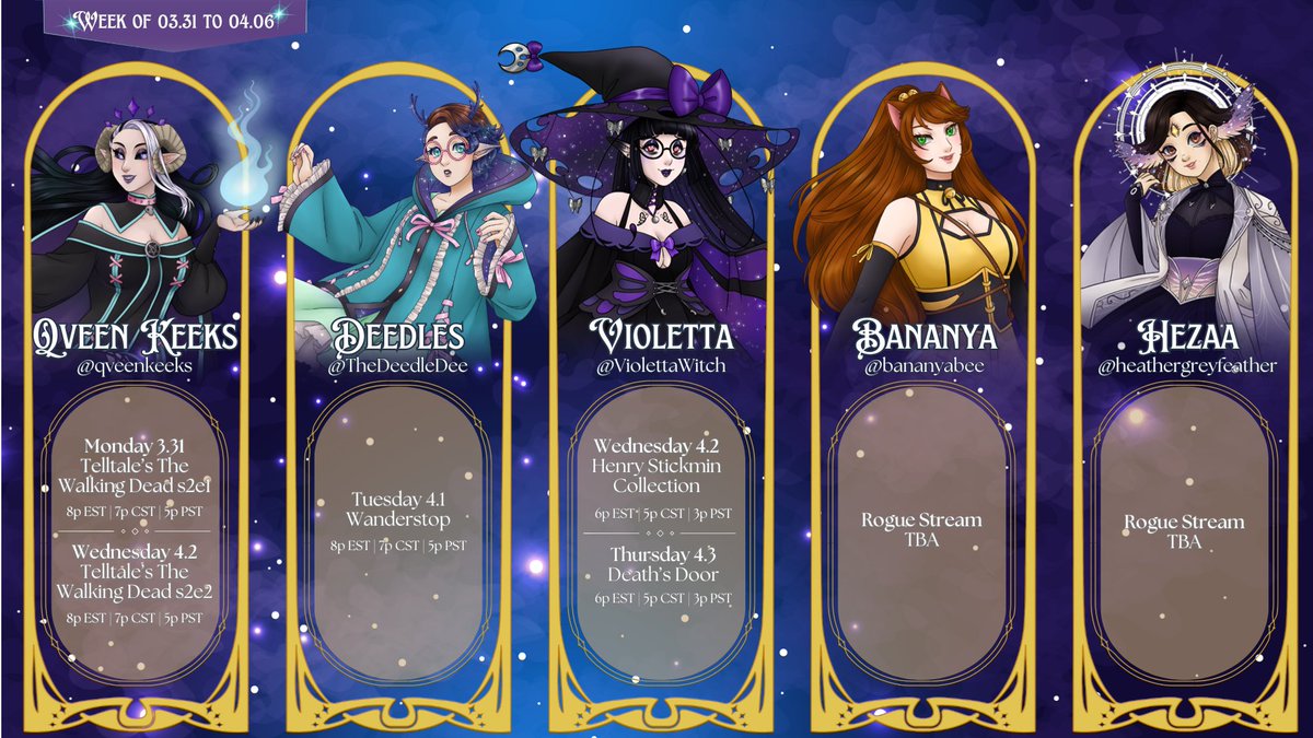 Court of Mystic Realms schedule for the week of March 31st to April 6th

<a href="/qveenkeeks/">⛧𝕼𝖛𝖊𝖊𝖓 𝕶𝖊𝖊𝖐𝖘⛧| Demon Qveen Vtuber</a> | <a href="/TheDeedleDee/">Deedles🦌</a> | <a href="/ViolettaWitch/">Violetta Witch ☽💜☾ Vtuber</a> | <a href="/bananyabee/">・BANANYA-BEE!・FIND ME ON VGEN!!!・</a> | <a href="/hgreyfeather/">*✧ — heathergreyfeather @ bluer skies</a>

🎨 <a href="/KarmaKuha/">Karma bun (commissions open)</a>