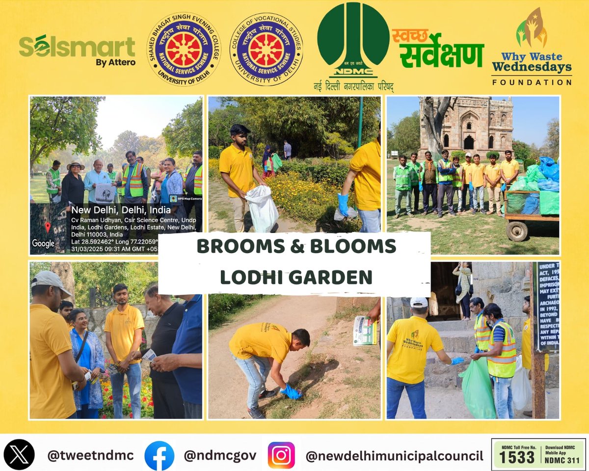 tweetndmc's tweet photo. ✨Brooms &amp; Blooms at Lodhi Garden✨
A special sanitation drive in full swing with amazing efforts of sanitation workers,horticulture staff &amp; @WWWF_D, #Selsmart by #Attero,#NSSCVS &amp; #SBEC volunteers!
Let’s keep our green spaces sparkling!☘️
#NDMC #SwachhBharat #WhyWasteWednesdays https://t.co/2bCkeQNcUF