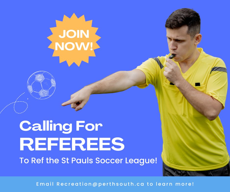 PerthSouthTwp (@perthsouthtwp) on Twitter photo Calling all Soccer Referees! The St. Pauls Athletic Association is looking for you! We are in need of refs for the 2025 soccer season. This is a paid position and comes with valuable experience. If you are wanting to learn more about the job, please email recreation@perthsouth.ca Calling all Soccer Referees! The St. Pauls Athletic Association is looking for you! We are in need of refs for the 2025 soccer season. This is a paid position and comes with valuable experience. If you are wanting to learn more about the job, please email recreation@perthsouth.ca