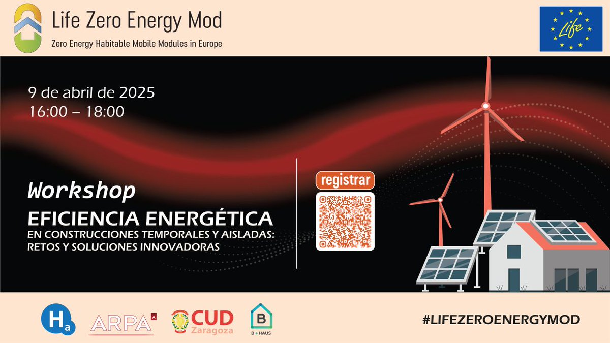 CUDZaragoza's tweet image. El @CUDZaragoza, en colaboración con @HidrogenoAragon, organiza el #9Abr de 16 a 18 h el workshop #LifeZeroEnergyMod &quot;Eficiencia energética en construcciones temporales y aisladas: retos y soluciones innovadoras&quot;. ¡Consulta toda la info en tinyurl.tools/8f865ad0 y regístrate ya!