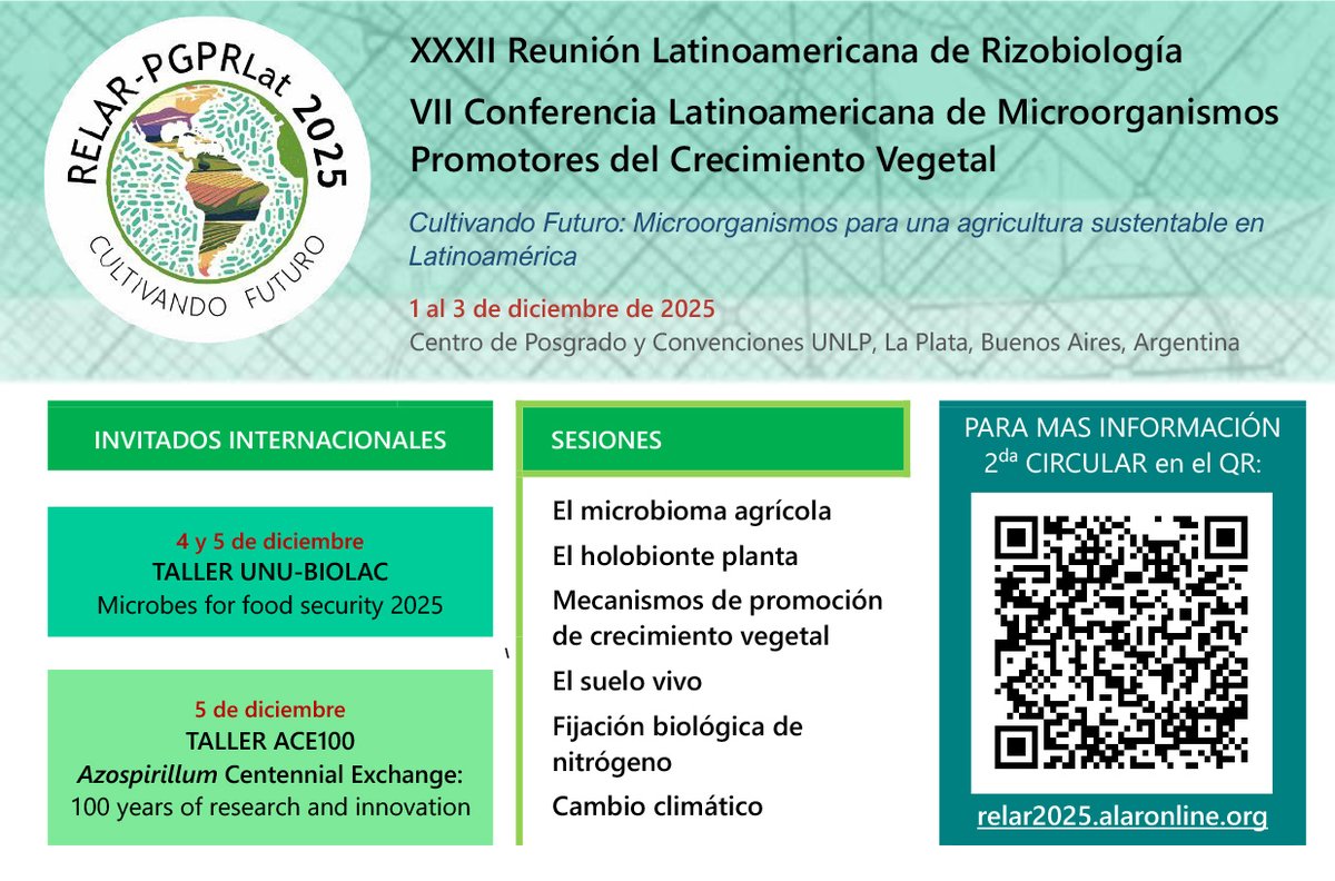 🚀¡Llega la RELAR-PGPR-Lat 2025! 
Un evento internacional con conferencias, presentaciones y workshops sobre rizobiología y PGPR.
🎉En 2025 conmemoramos 100 años del descubrimiento de Azospirillum con el Azospirillum Centennial Exchange (ACE100).
 #RELAR2025 #Microbiología #PGPR