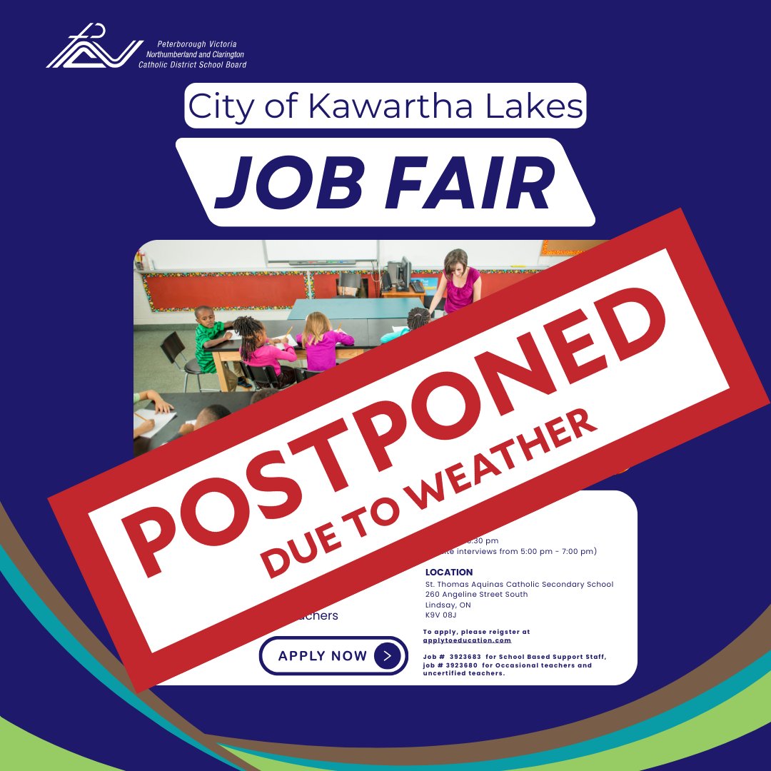 Due to the ongoing recovery from the extreme ice storm and widespread power outages across the district, the City of Kawartha Lakes Job Fair at St. Thomas Aquinas Catholic Secondary School scheduled for April 1, 2025 has been postponed.

It will be rescheduled to a later date.