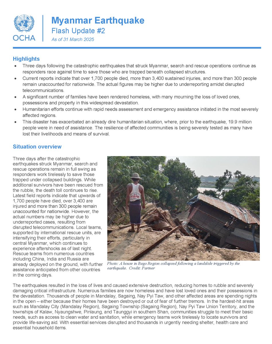 3 days following the catastrophic #earthquakes that struck #Myanmar, #humanitarian efforts continue with rapid needs assessment and emergency assistance in the most severely affected regions.

Read the latest in our second Flash Update:
reliefweb.int/report/myanmar…