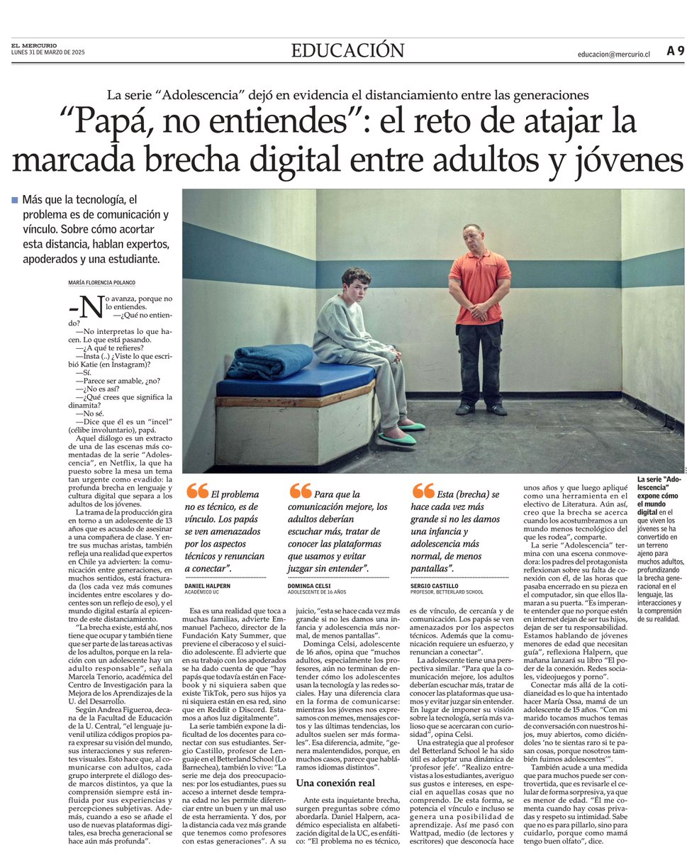 "Papá, no entiendes": el reto de atajar la brecha digital entre adultos y jóvenes. La serie "Adolescencia" dejó en evidencia el distanciamiento entre las generaciones.

shorturl.at/AD1bH