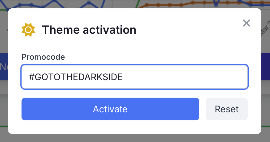 yar_chain's tweet photo. #GOTOTHEDARKSIDE - this is your dark theme promo code.
How you can use it:
1. Log In to your account
2. Choose profile that you want to submit this code.
3. Click on "Sun" button in the right high corner
4. Enter this code
5. Click "Activate" button.
6. Observe your profile look clicking "View".
7. Remember: you can submit this promo code only once for each your profile.
8. If you don't like presented theme, click "Reset" button.