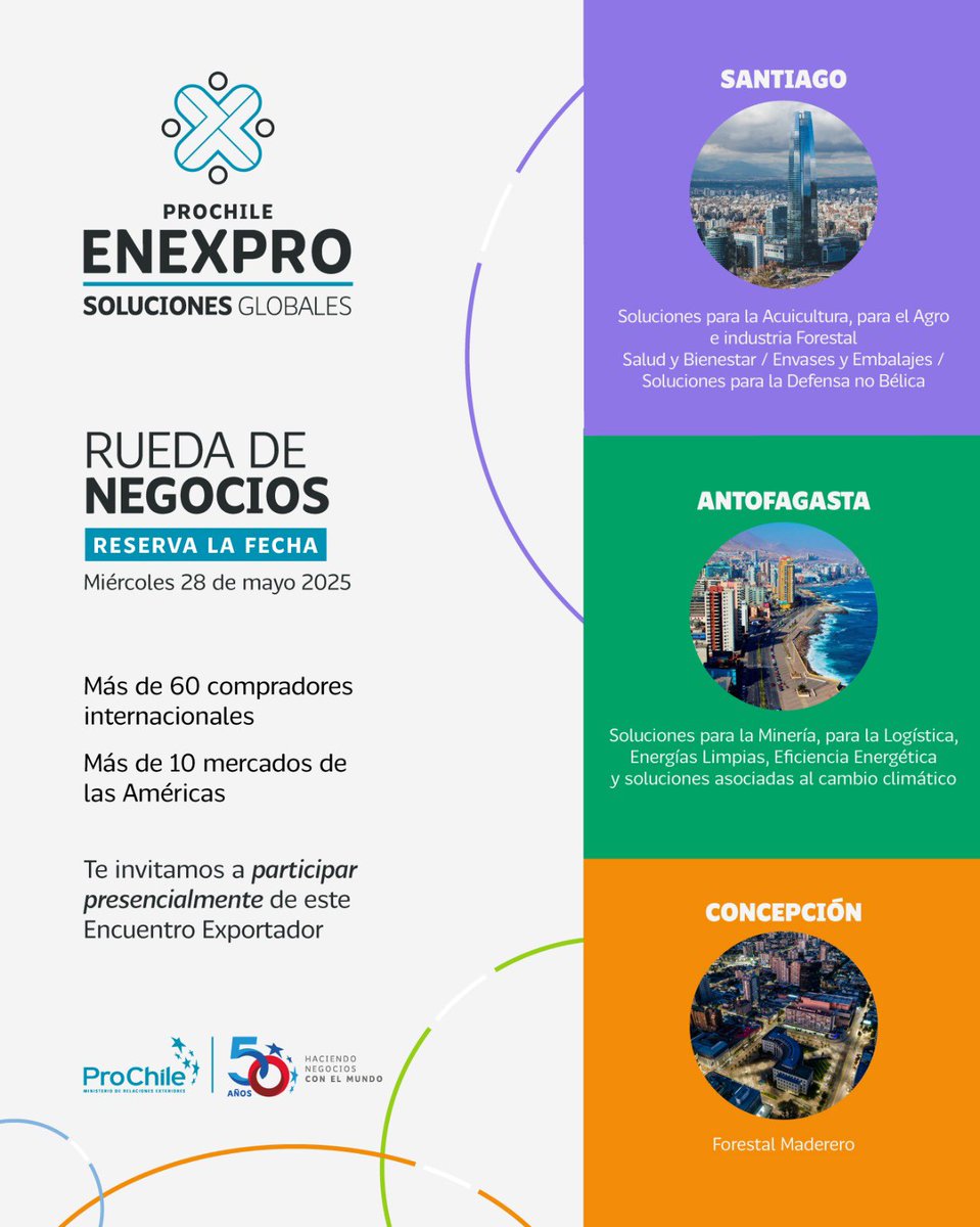 🟡 SAVE THE DATE 
Prontamente lanzaremos inscripciones para nuestra Rueda de Negocios Soluciones Globales en 3 ciudades de nuestro país 🚀

¡No te quedes fuera!

Pronto más información en prochile.gob.cl
