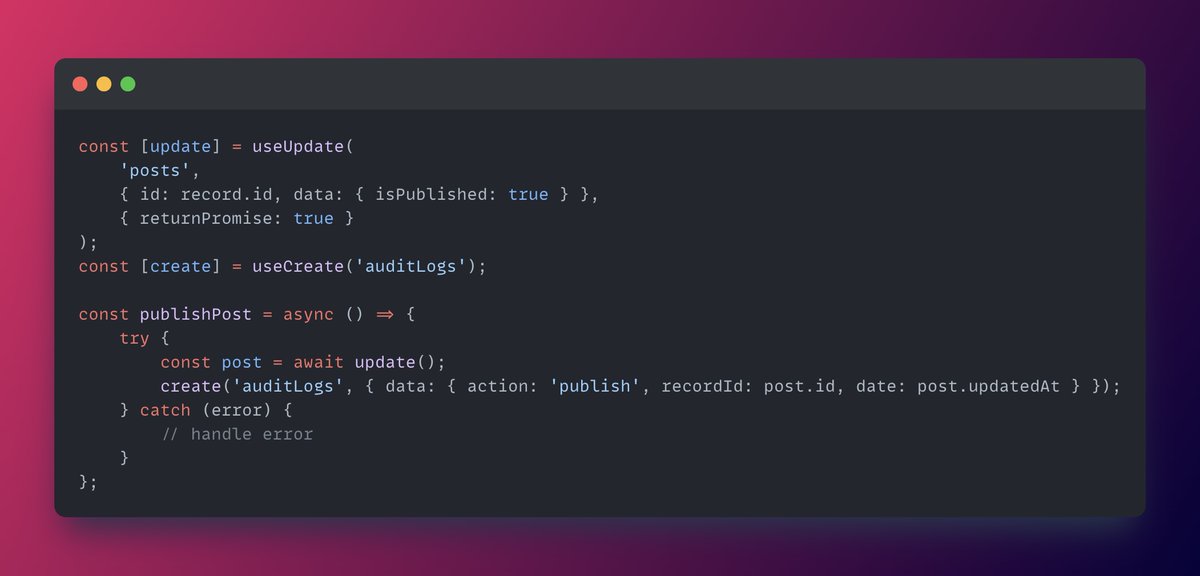 The useUpdate or useCreate hooks return @tanstack/query mutation callbacks which can't be awaited. To work with a Promise, use the returnPromise prop. This is useful if the server changes the record &amp; you need the updated data to update another record.

🔗 marmelab.com/react-admin/us…